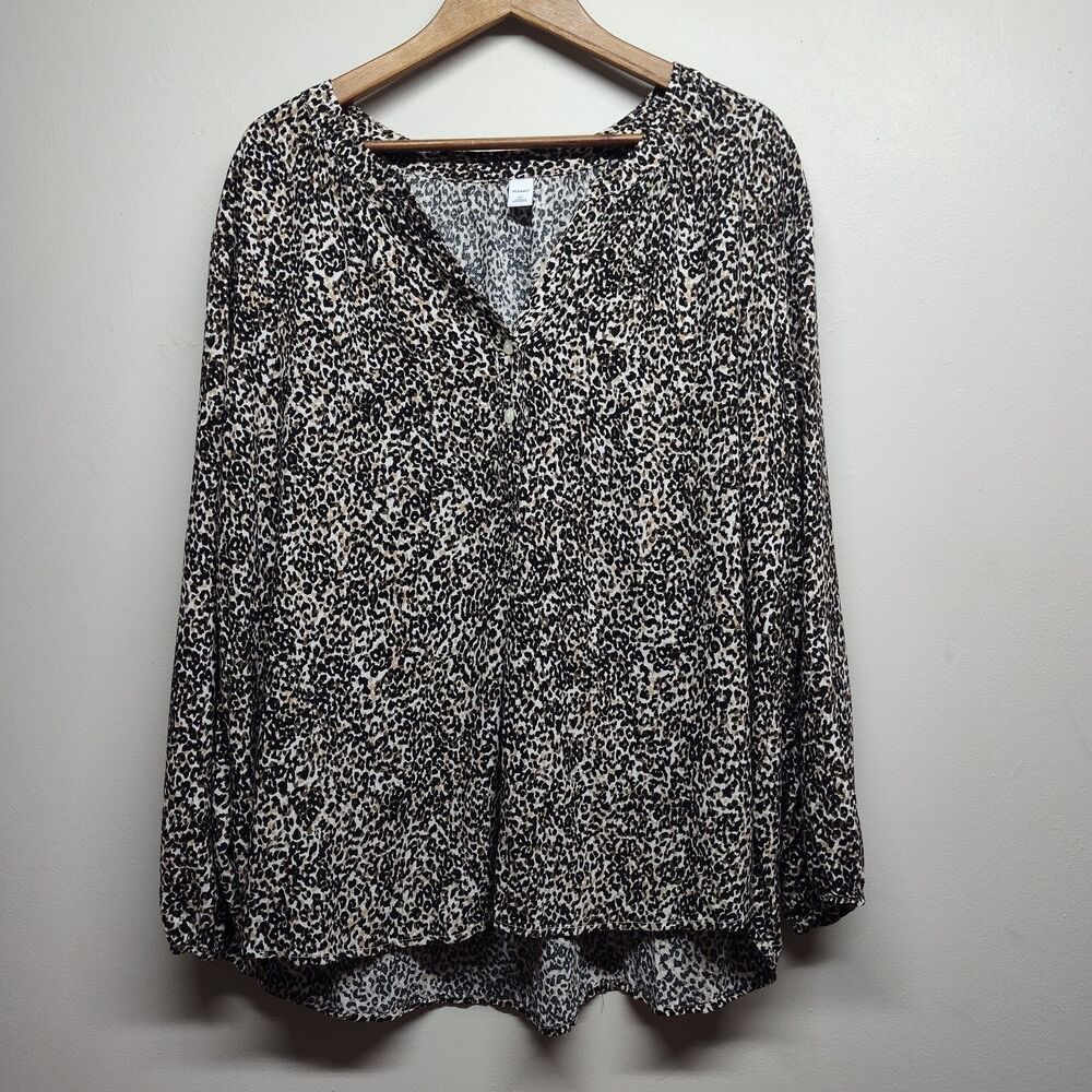 Old Navy Tunic Top Women XXL Brown Leopard Long Sleeve V-Neck Feminine Casual